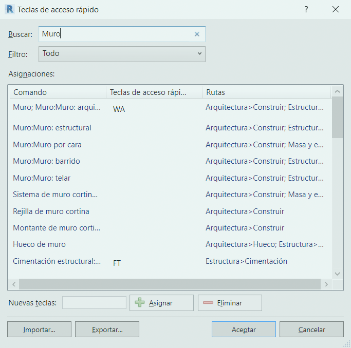 Configuración de los atajos de teclado en Revit